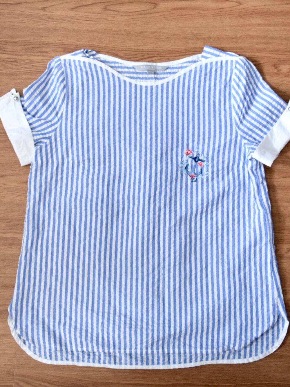 Blue White Striped Short Sleeve Blouse T Shirt - Women Top - Teenie Weenie